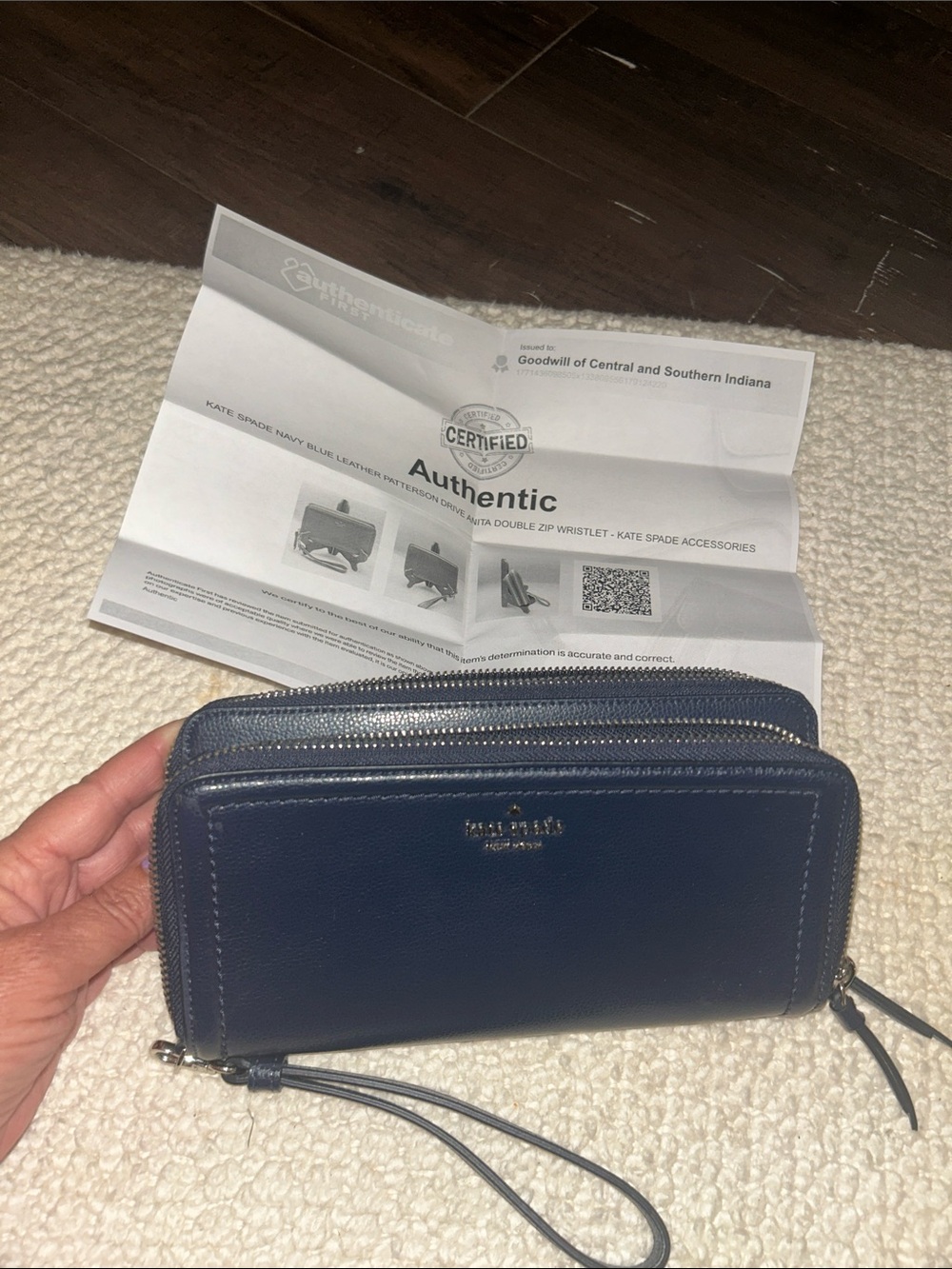 kate spade Navy Blue leather double-zip wristlet with authentic certificate